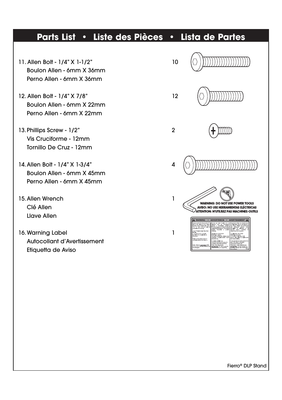 Parts list • liste des pièces • lista de partes | Studio RTA Fierro 402875 User Manual | Page 6 / 14