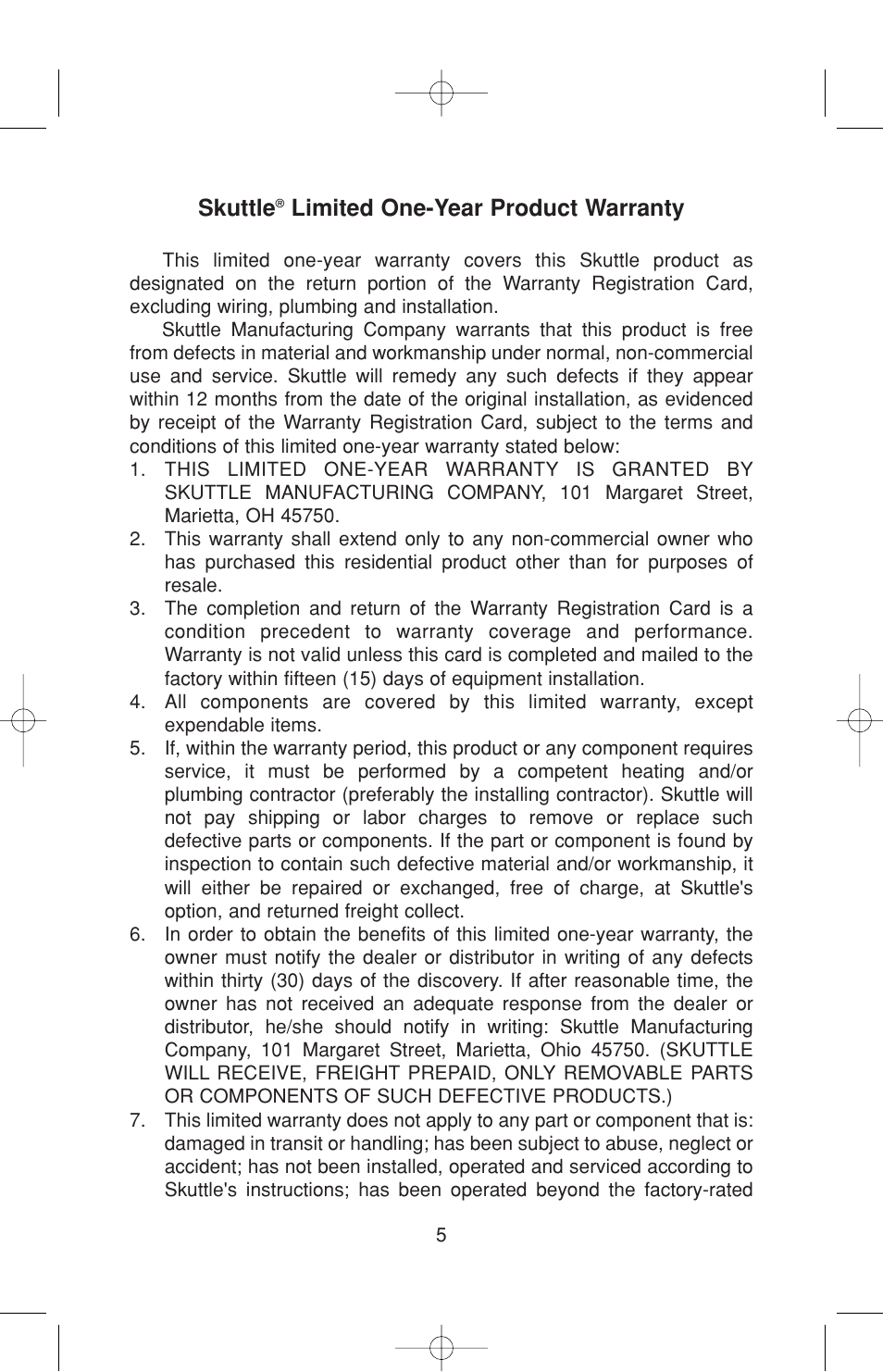 Skuttle, Limited one-year product warranty | Skuttle Indoor Air Quality Products 60-2 User Manual | Page 5 / 40
