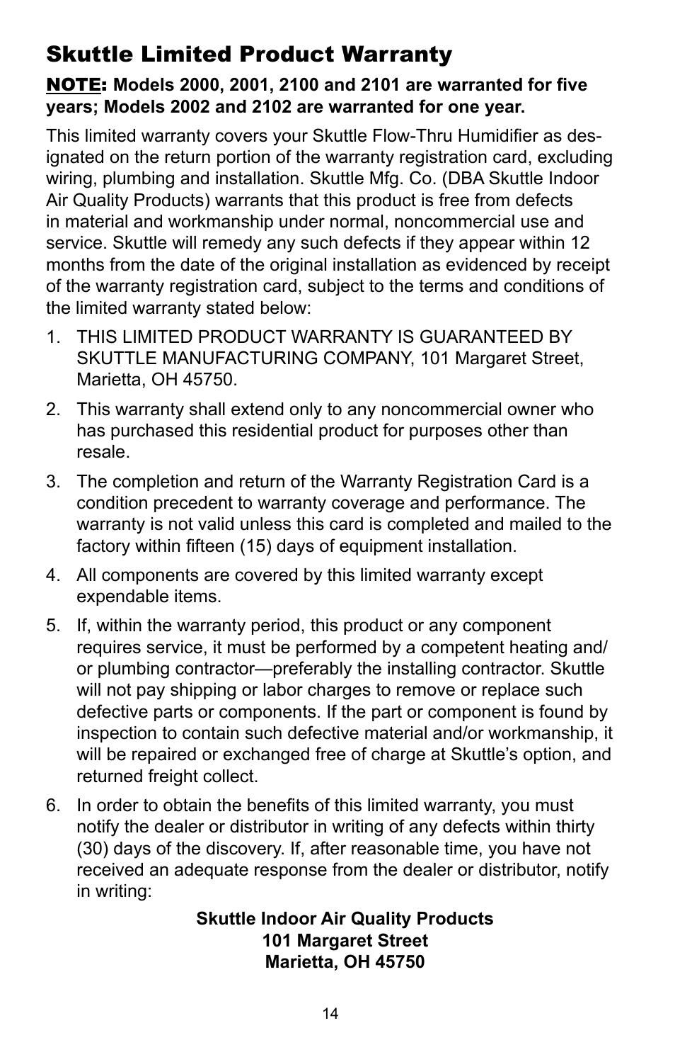 Skuttle limited product warranty | Skuttle Indoor Air Quality Products 2000 User Manual | Page 16 / 18