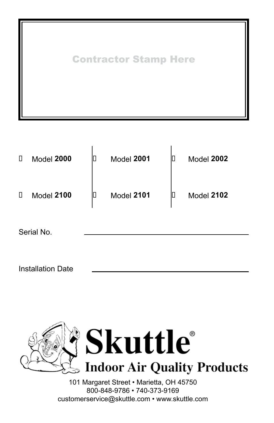 Contractor stamp here | Skuttle Indoor Air Quality Products 2000 User Manual | Page 18 / 18