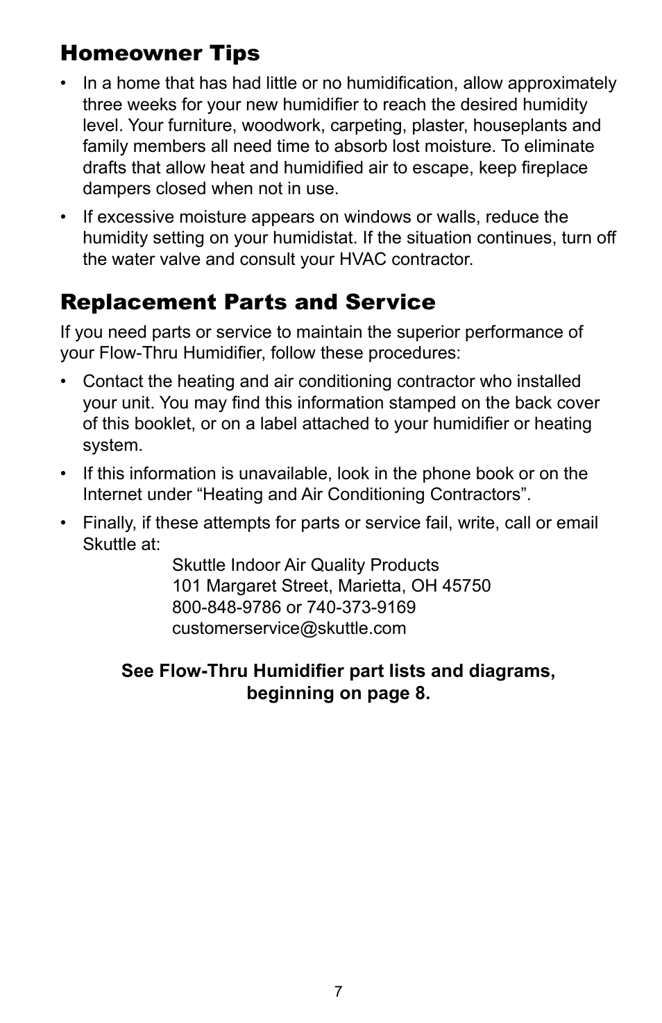 Replacement parts and service, Homeowner tips | Skuttle Indoor Air Quality Products 2000 User Manual | Page 9 / 18