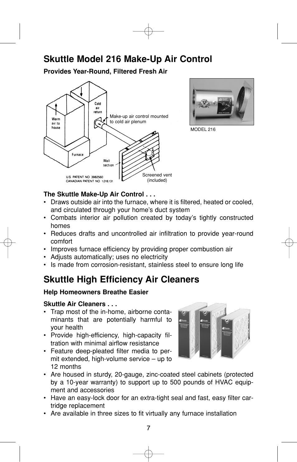 Skuttle model 216 make-up air control, Skuttle high efficiency air cleaners | Skuttle Indoor Air Quality Products 90 User Manual | Page 9 / 12