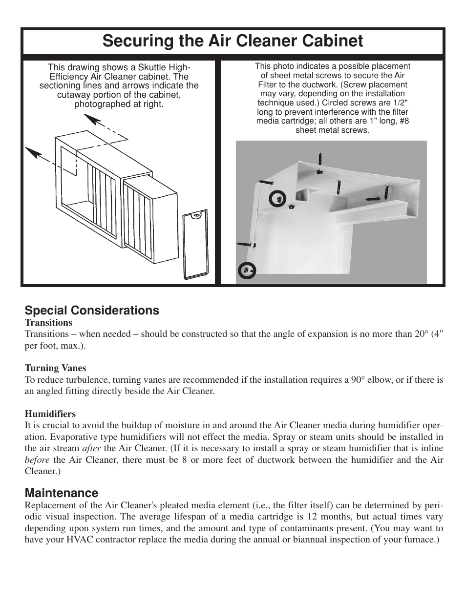 Securing the air cleaner cabinet, Special considerations, Maintenance | Skuttle Indoor Air Quality Products Air Cleaner User Manual | Page 4 / 6
