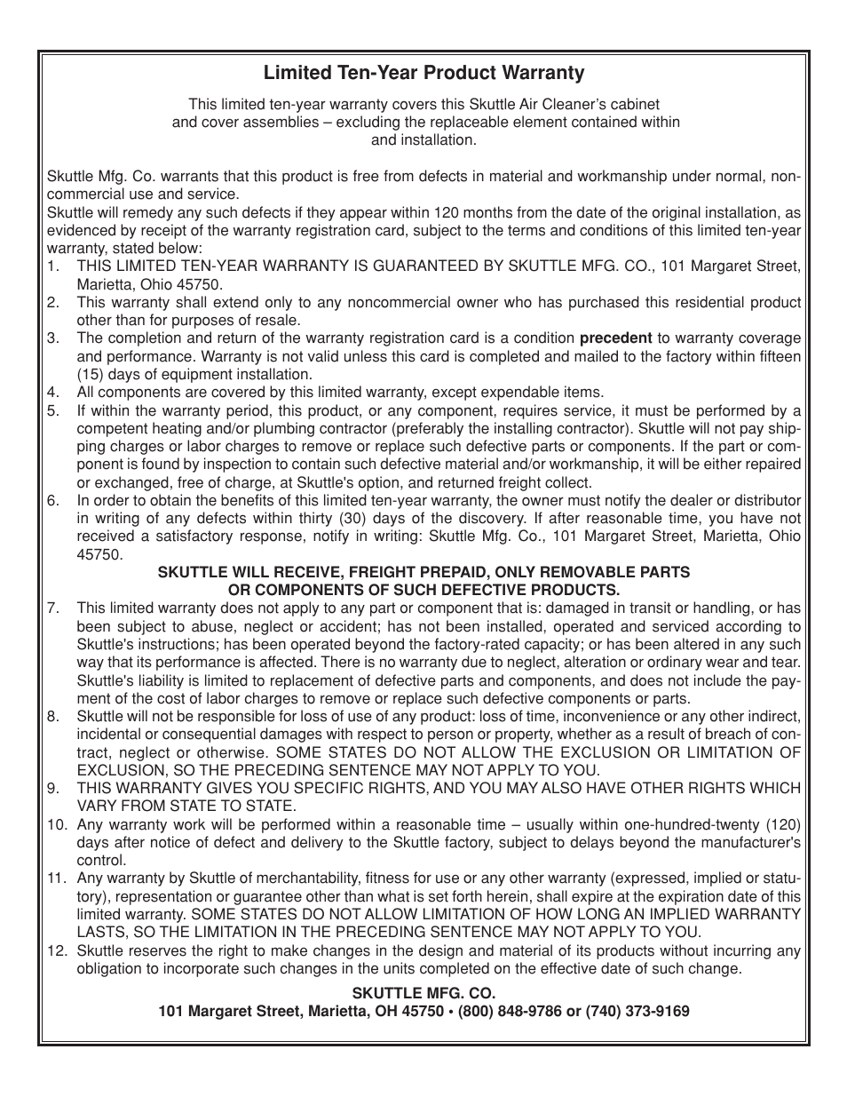 Limited ten-year product warranty | Skuttle Indoor Air Quality Products Air Cleaner User Manual | Page 5 / 6