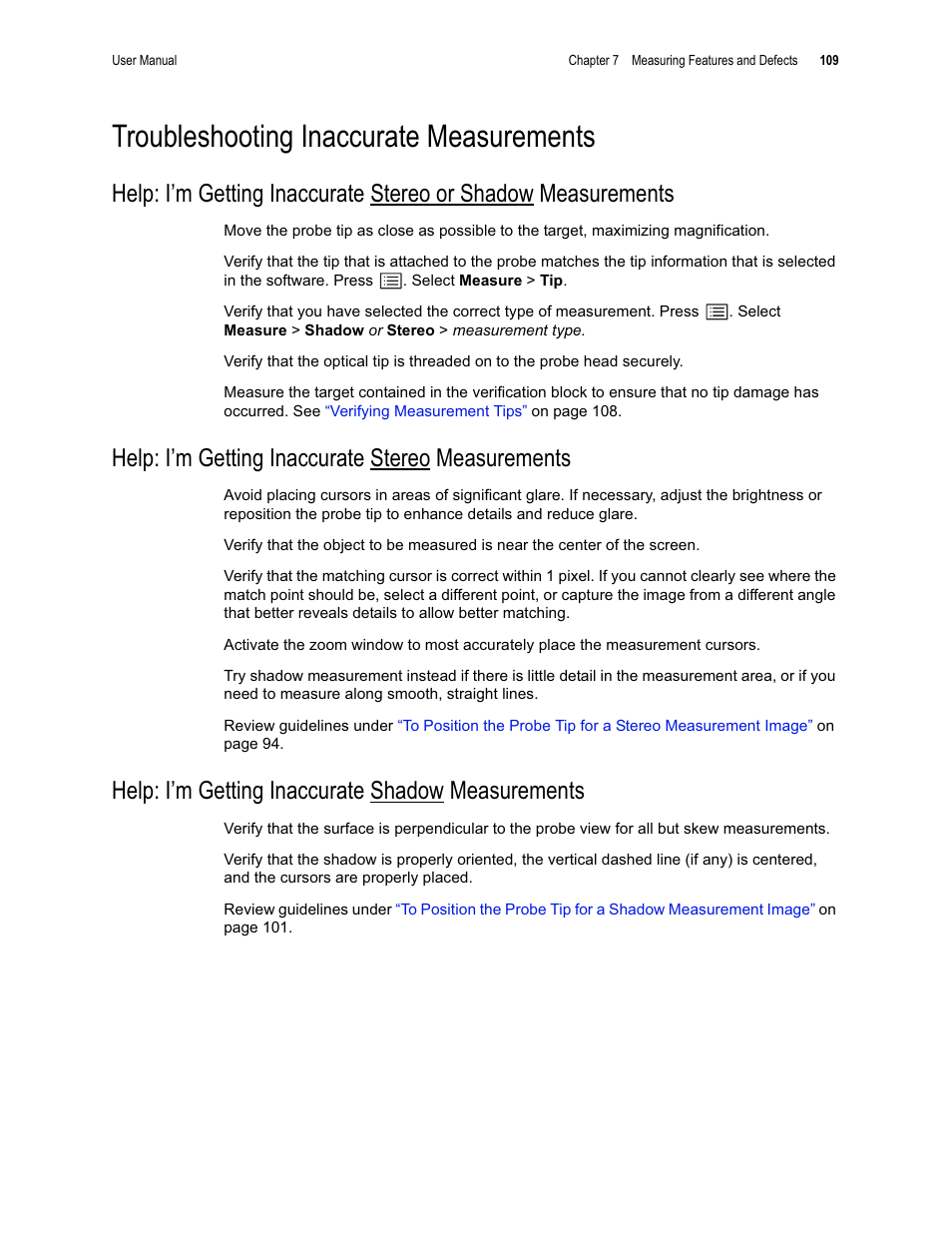 Troubleshooting inaccurate measurements, Help: i’m getting inaccurate stereo measurements, Help: i’m getting inaccurate shadow measurements | GE XLG3 User Manual | Page 118 / 160