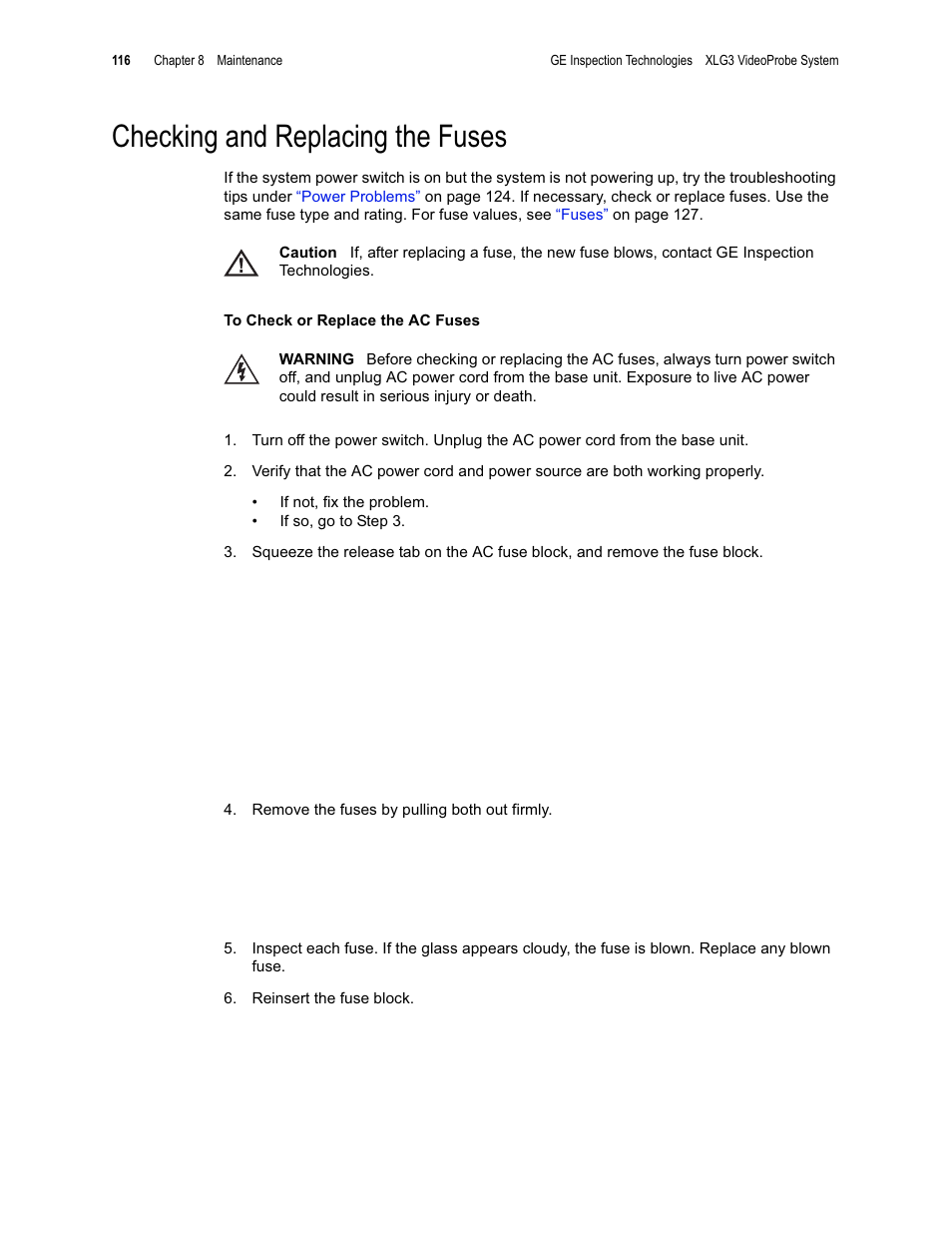 Checking and replacing the fuses | GE XLG3 User Manual | Page 125 / 160