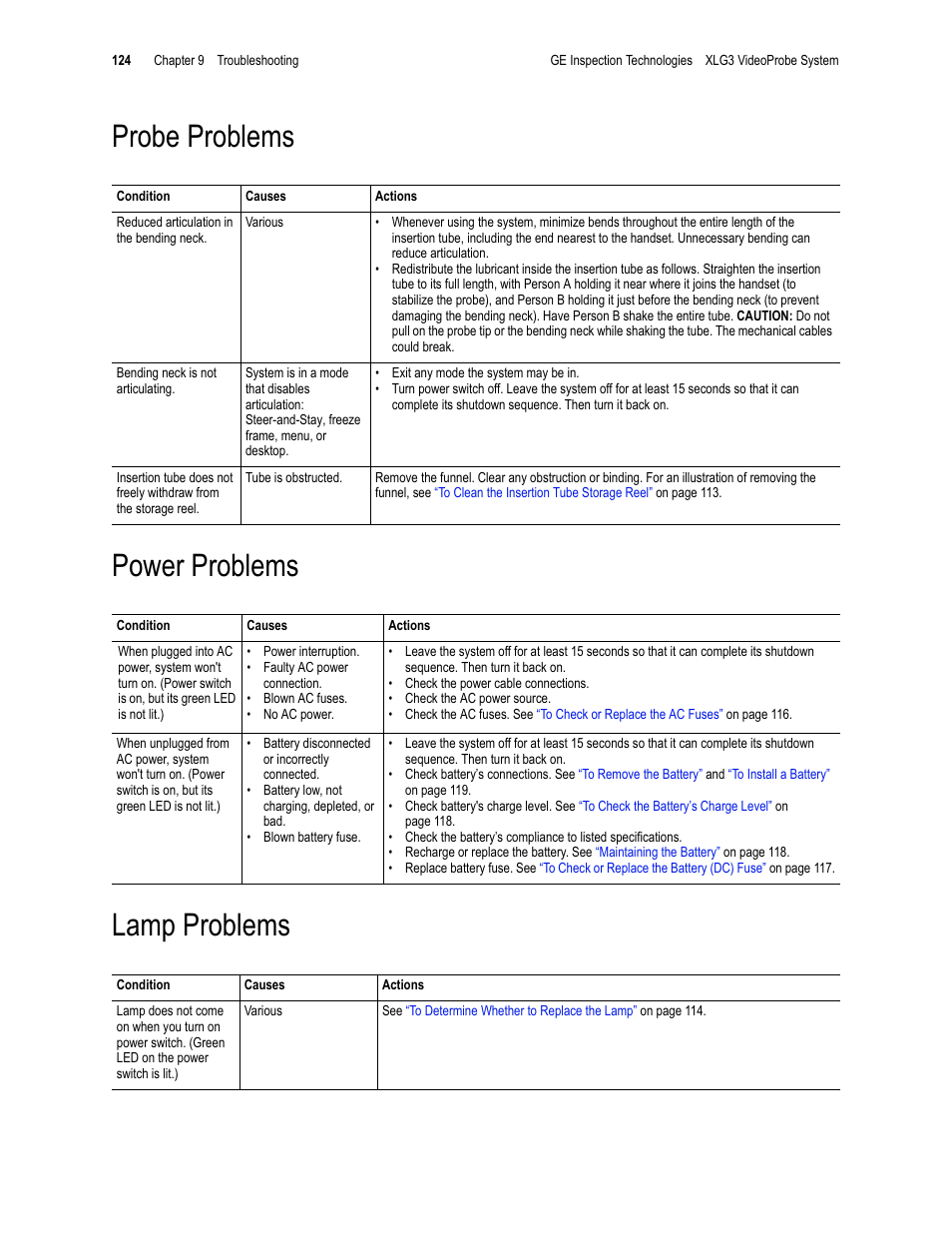 Probe problems power problems lamp problems | GE XLG3 User Manual | Page 133 / 160