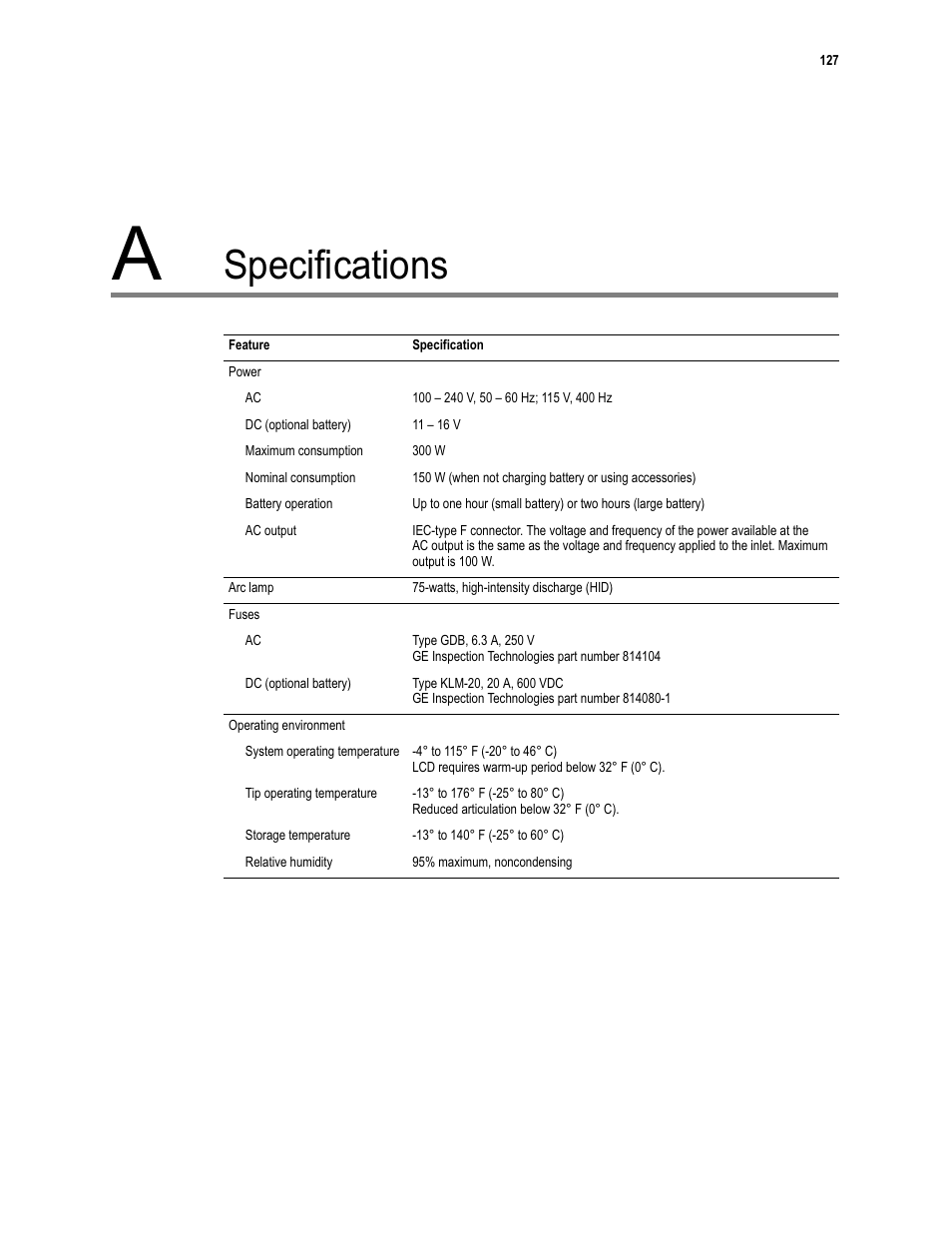 Specifications | GE XLG3 User Manual | Page 136 / 160