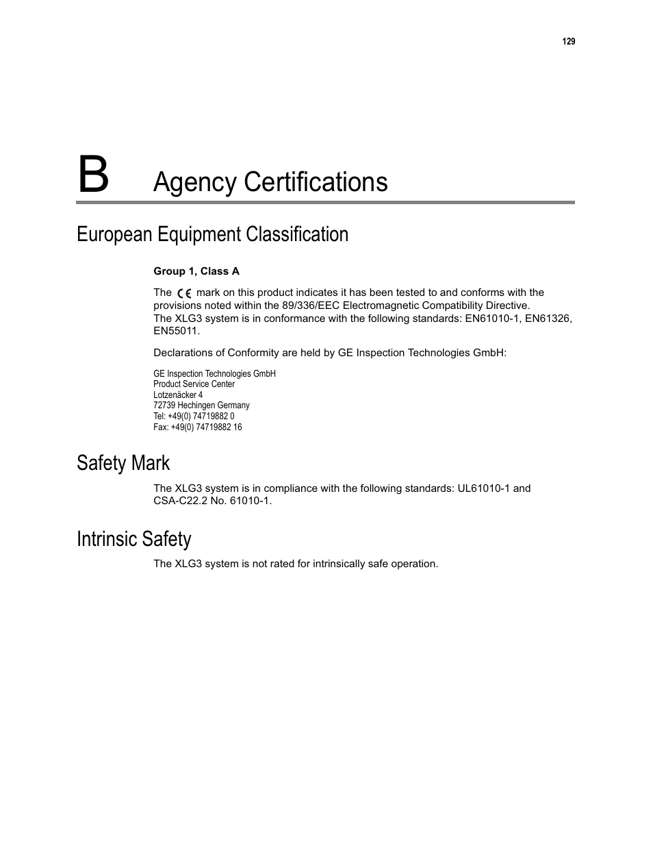 Agency certifications, European equipment classification, Safety mark | Intrinsic safety | GE XLG3 User Manual | Page 138 / 160