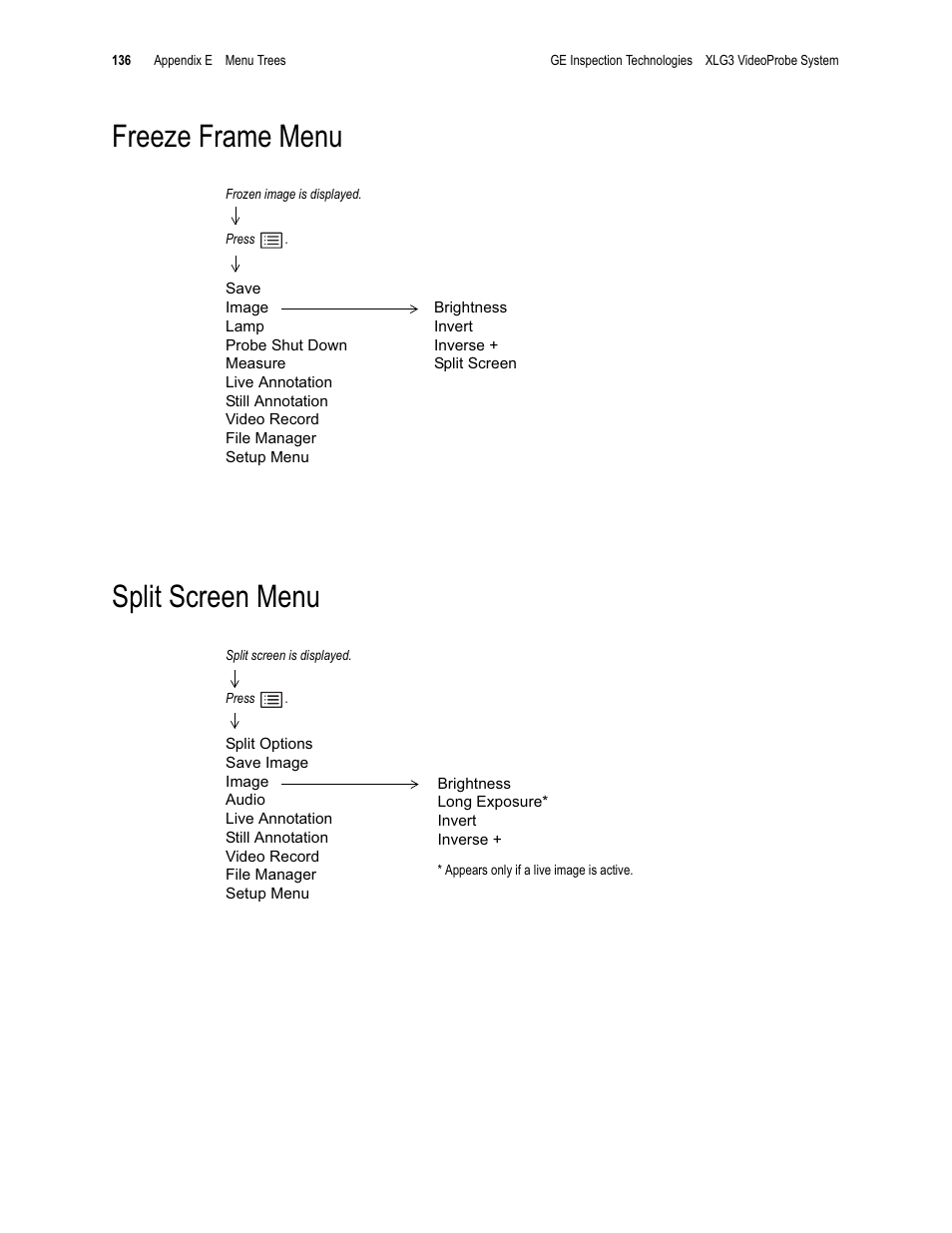 Freeze frame menu split screen menu | GE XLG3 User Manual | Page 145 / 160