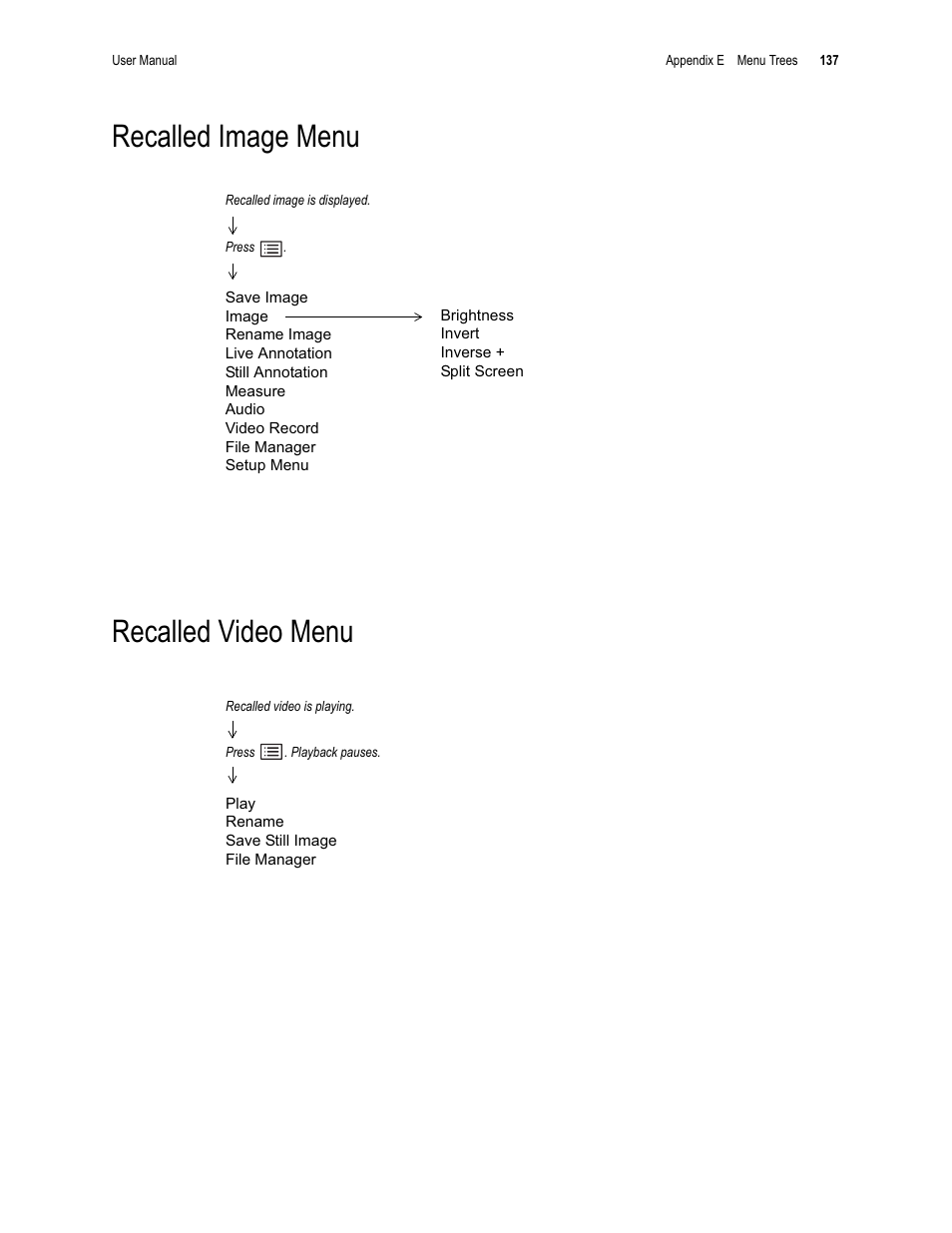 Recalled image menu recalled video menu | GE XLG3 User Manual | Page 146 / 160