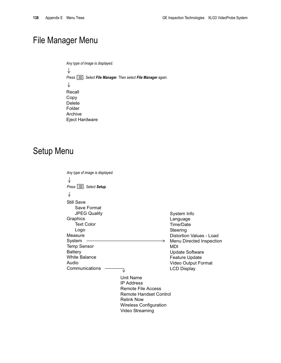 File manager menu setup menu | GE XLG3 User Manual | Page 147 / 160