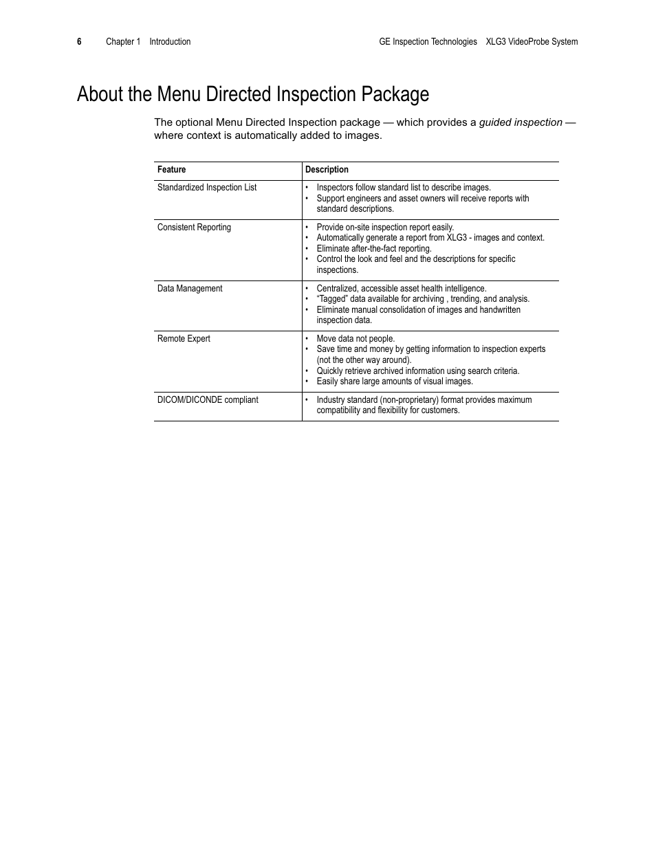 About the menu directed inspection package | GE XLG3 User Manual | Page 15 / 160