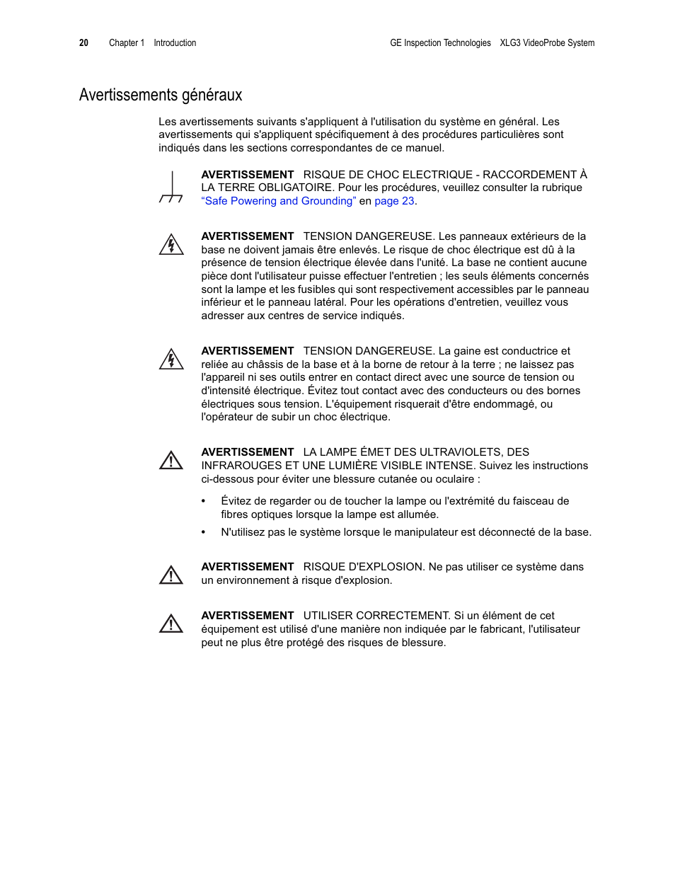 Avertissements généraux | GE XLG3 User Manual | Page 29 / 160
