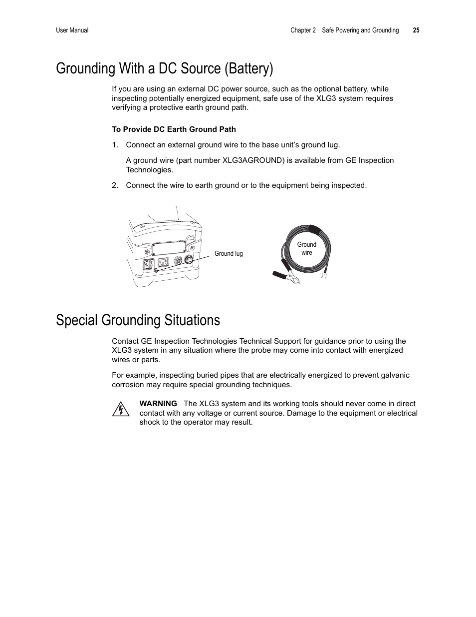 Grounding with a dc source (battery), Special grounding situations | GE XLG3 User Manual | Page 34 / 160