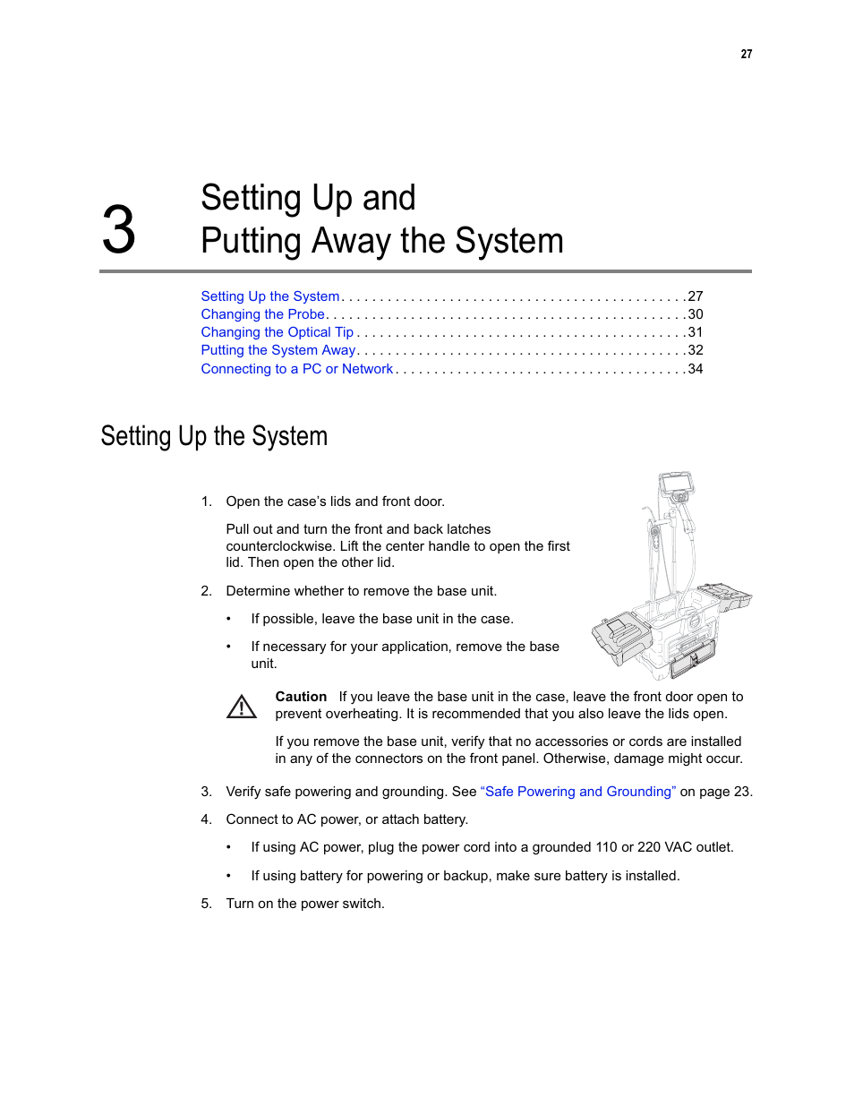 Setting up and putting away the system, Setting up the system | GE XLG3 User Manual | Page 36 / 160