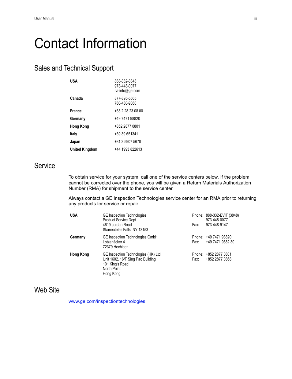 Contact information, Sales and technical support service, Web site | GE XLG3 User Manual | Page 4 / 160