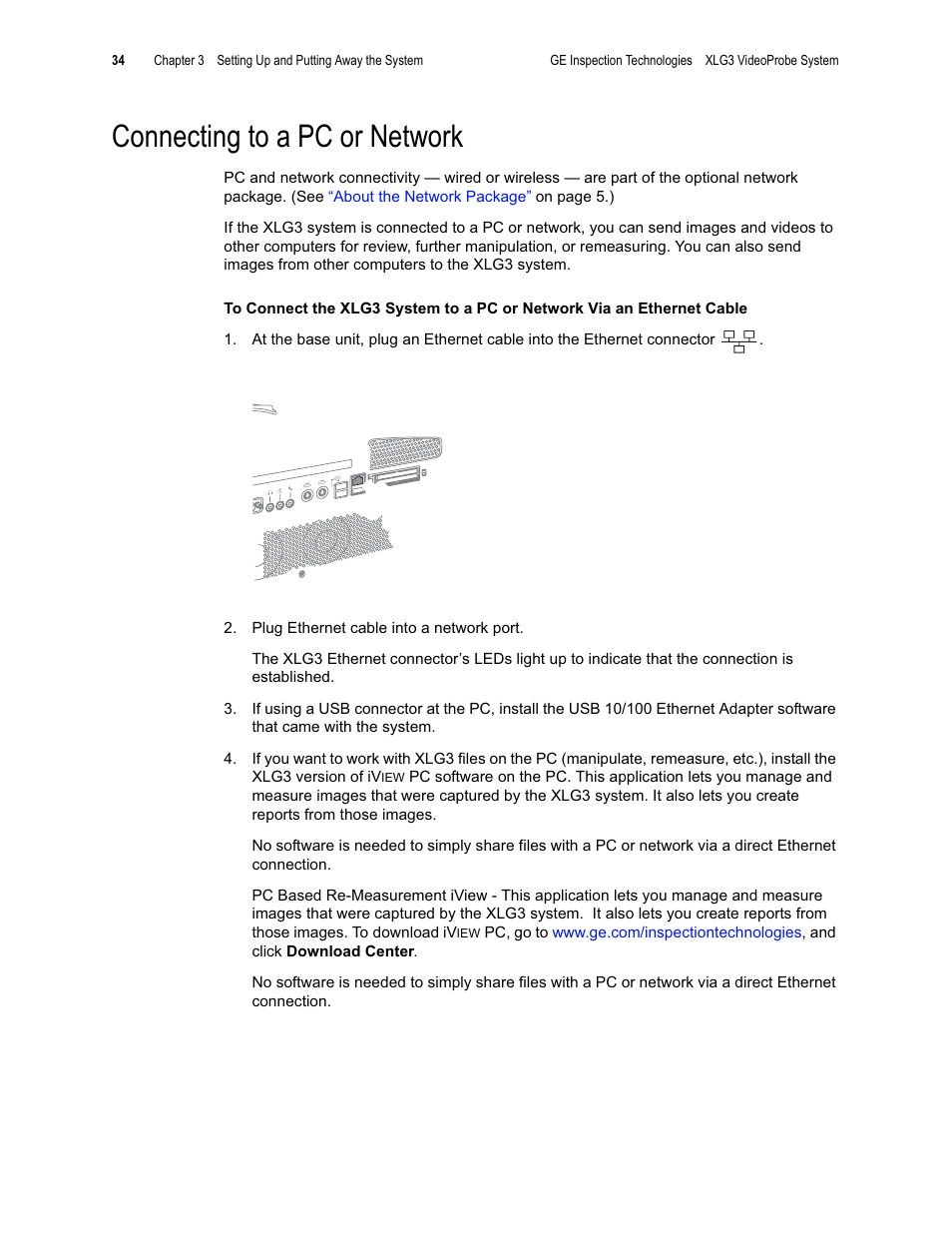 Connecting to a pc or network | GE XLG3 User Manual | Page 43 / 160