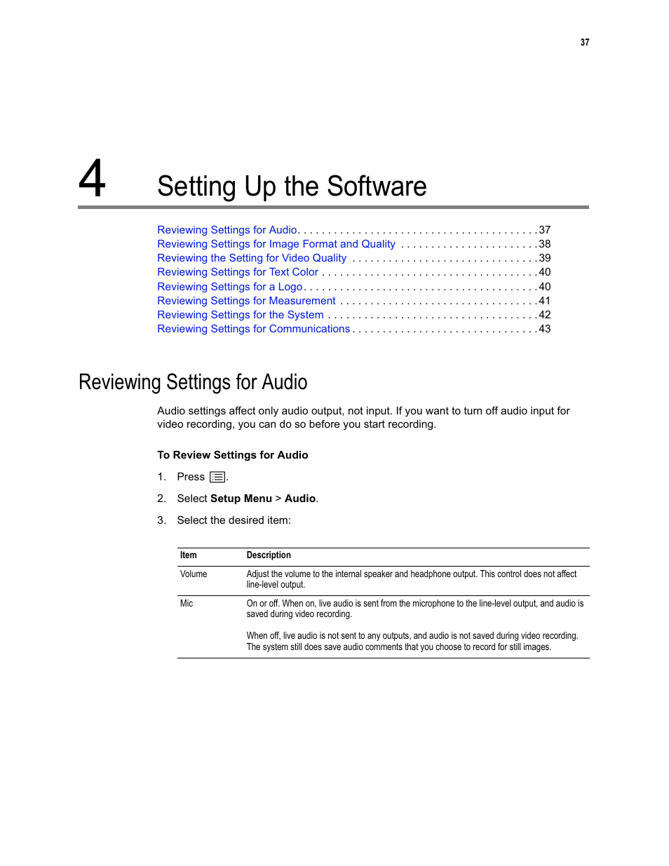 Setting up the software, Reviewing settings for audio | GE XLG3 User Manual | Page 46 / 160