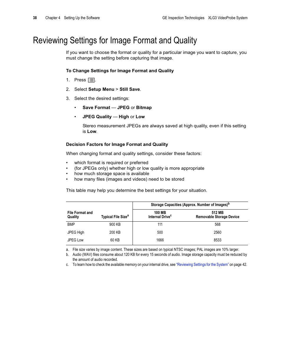 Reviewing settings for image format and quality | GE XLG3 User Manual | Page 47 / 160