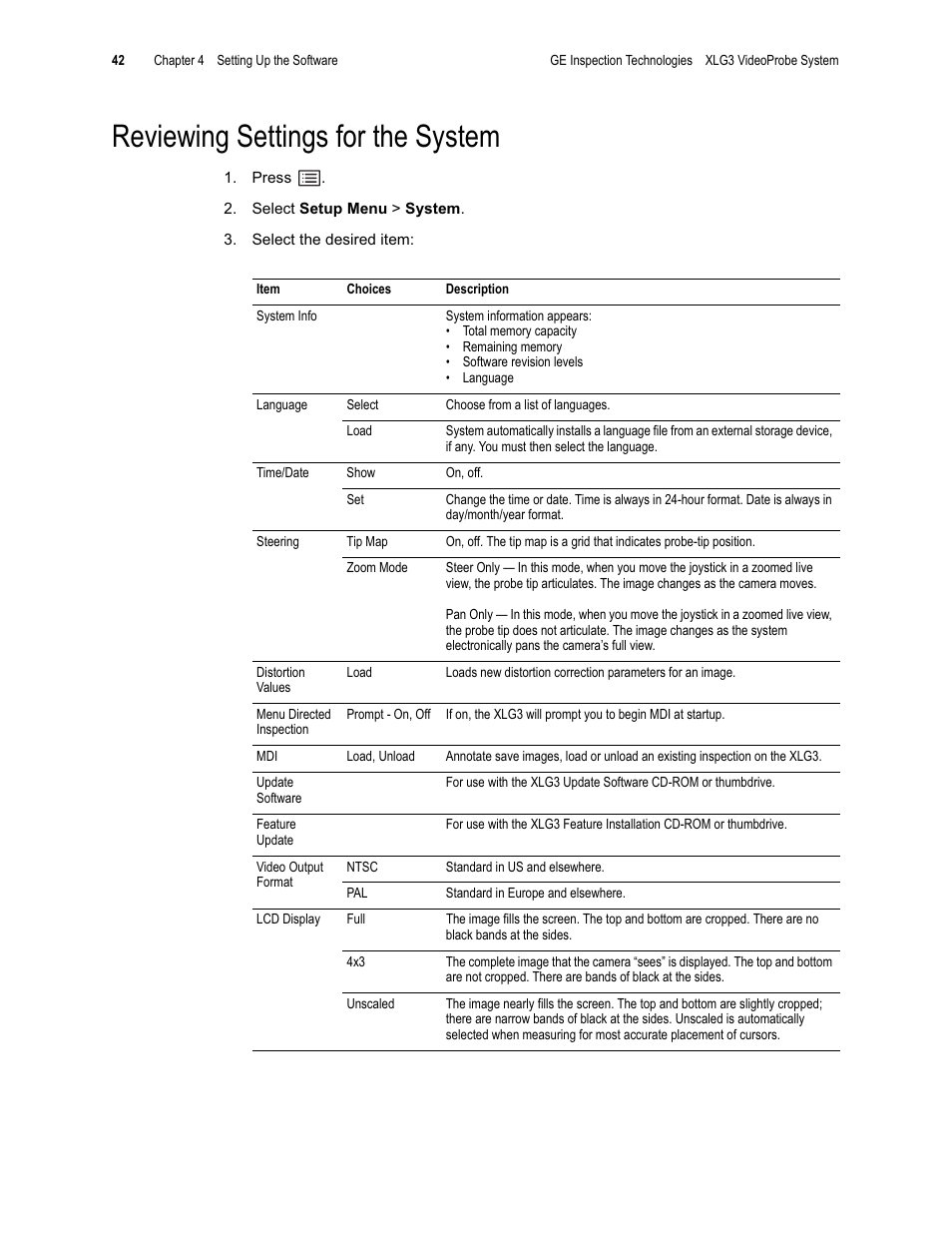 Reviewing settings for the system | GE XLG3 User Manual | Page 51 / 160