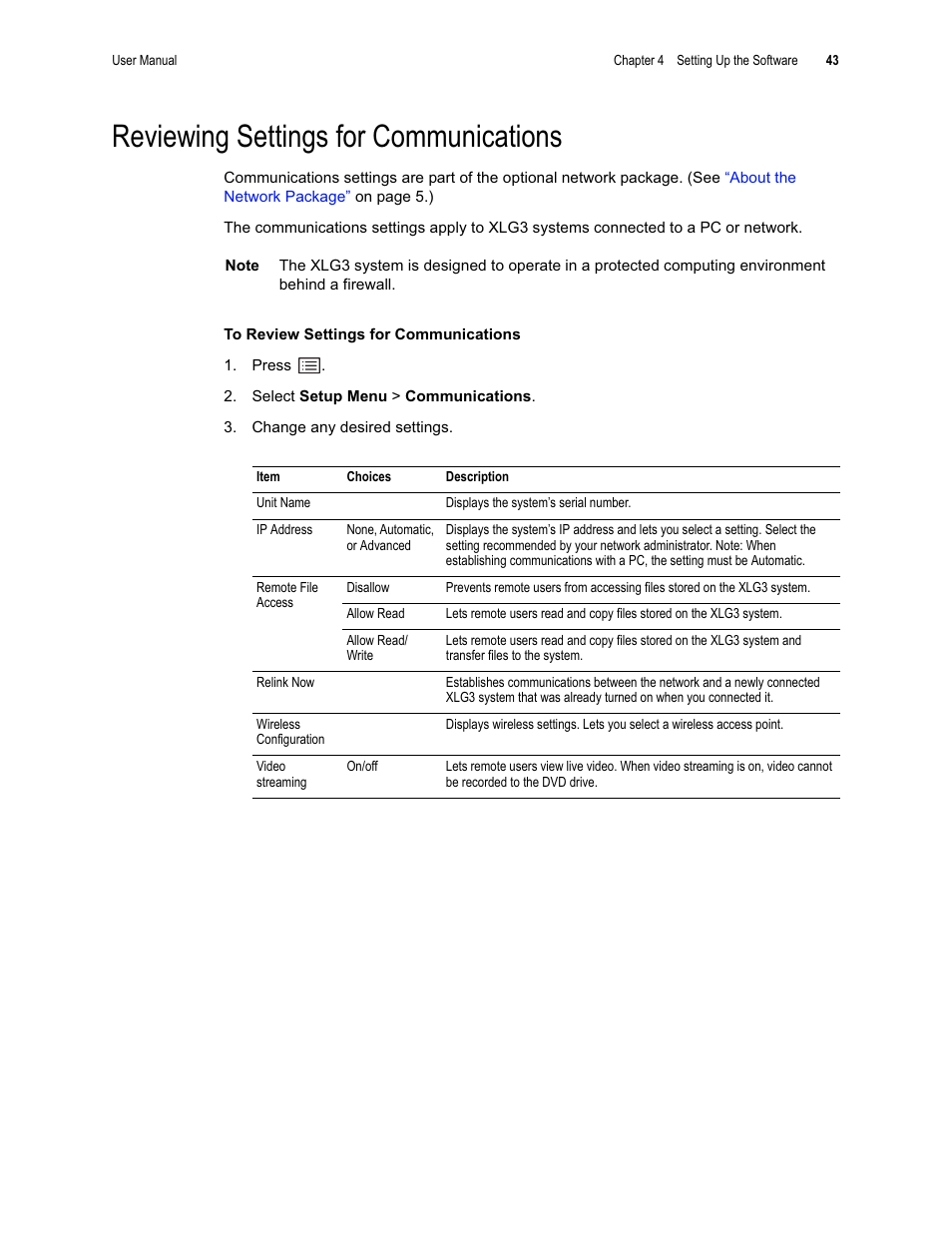 Reviewing settings for communications | GE XLG3 User Manual | Page 52 / 160