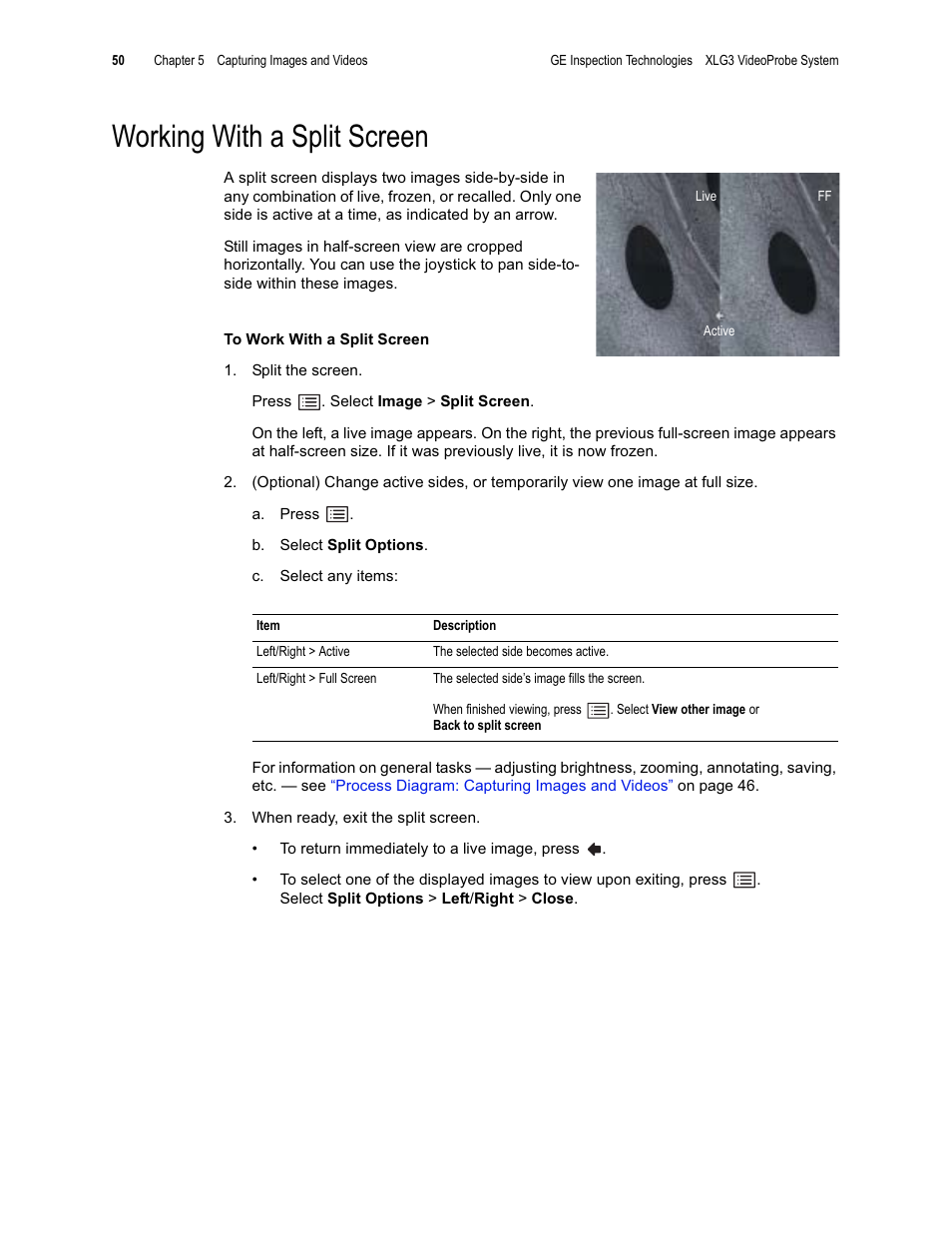 Working with a split screen | GE XLG3 User Manual | Page 59 / 160