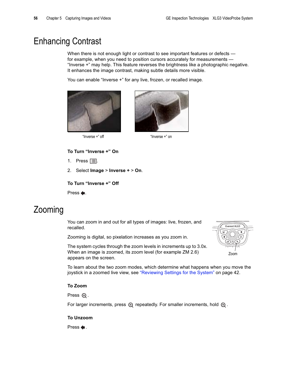 Enhancing contrast, Zooming | GE XLG3 User Manual | Page 65 / 160