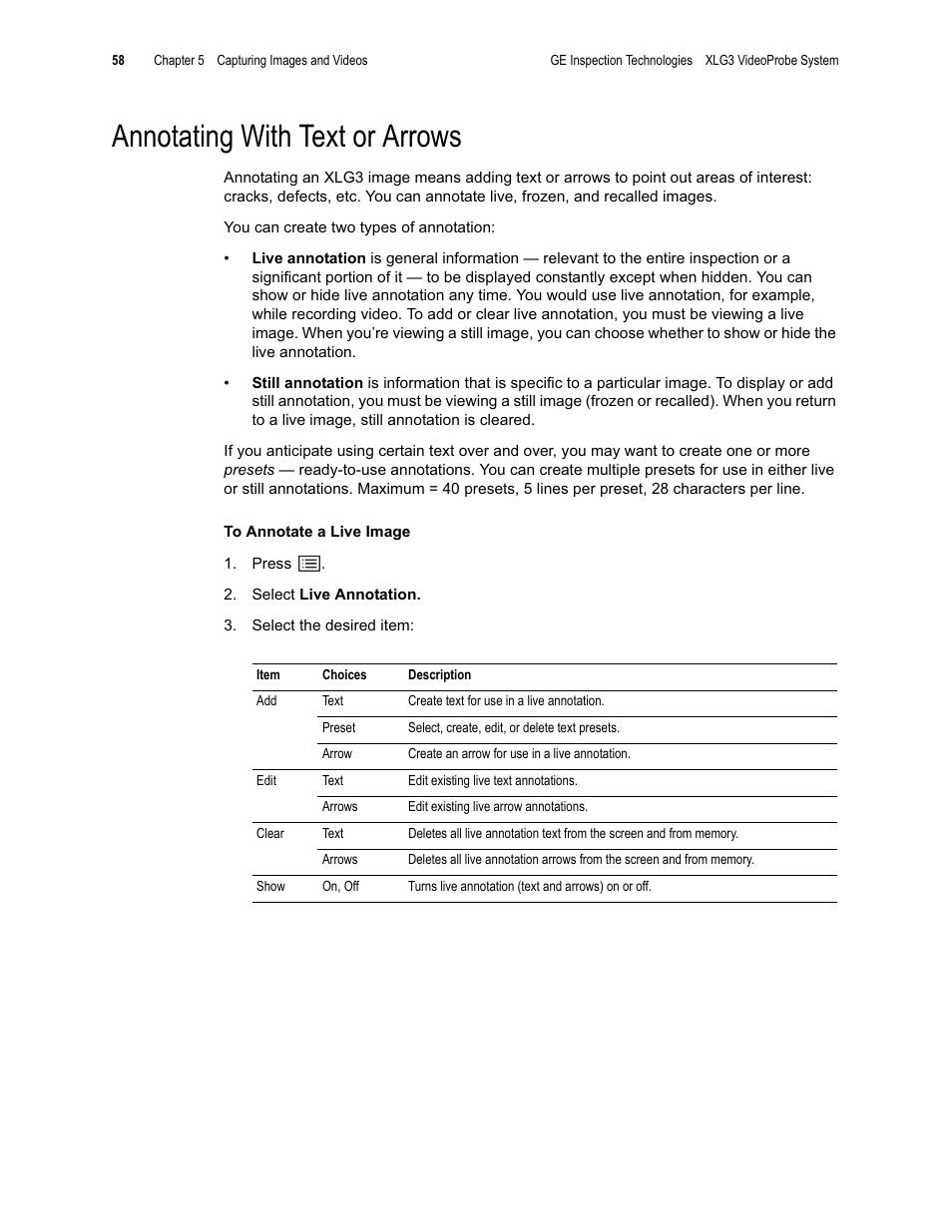 Annotating with text or arrows | GE XLG3 User Manual | Page 67 / 160