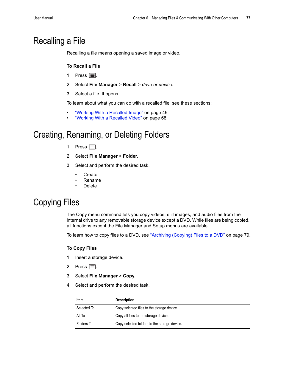 Recalling a file, Creating, renaming, or deleting folders, Copying files | GE XLG3 User Manual | Page 86 / 160