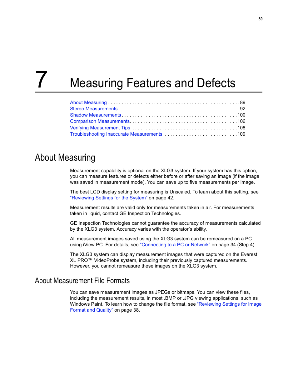 Measuring features and defects, About measuring, About measurement file formats | GE XLG3 User Manual | Page 98 / 160