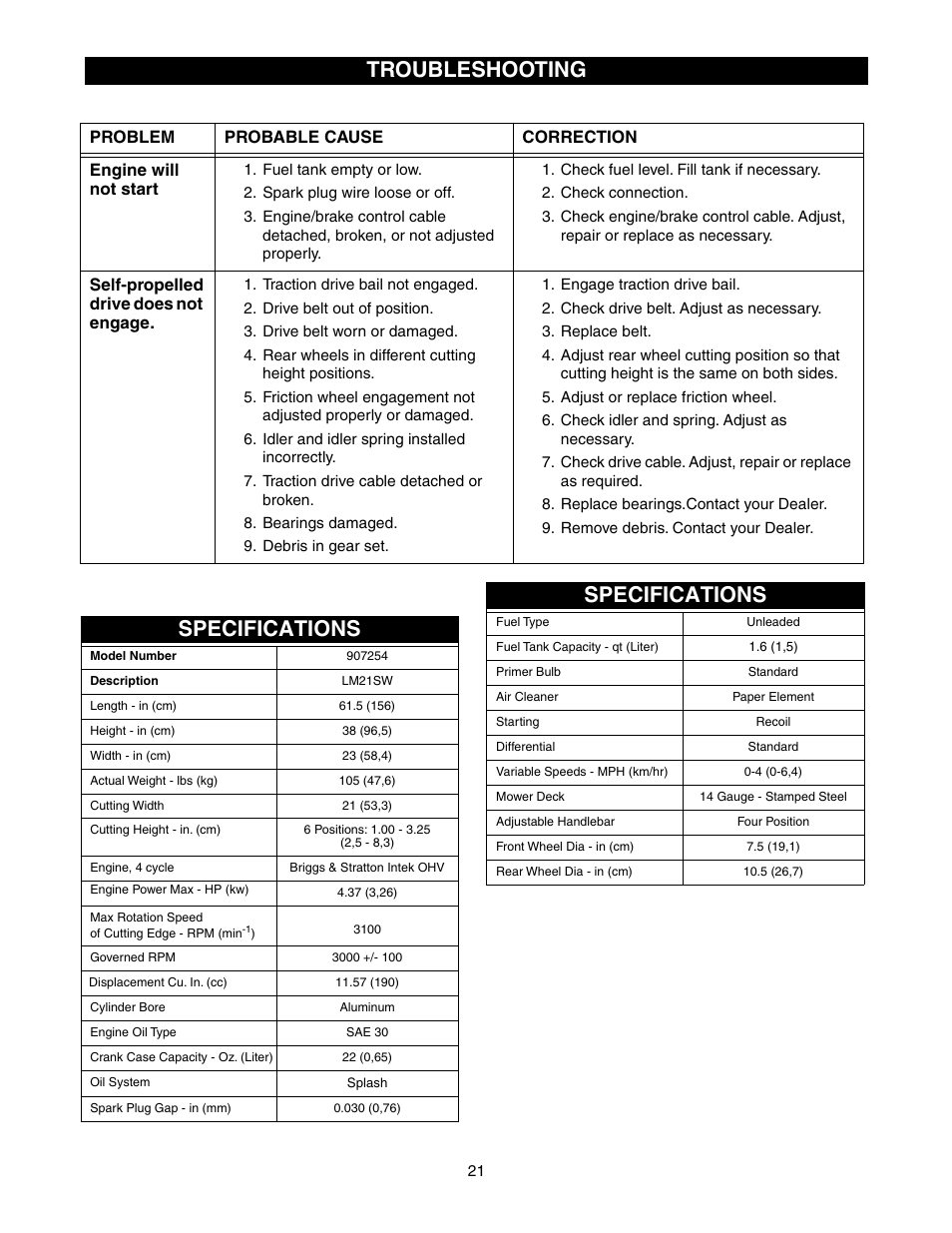 Specifications, Specifications troubleshooting, Self-propelled drive does not engage | Scotts 907254 - LM21SW User Manual | Page 21 / 69