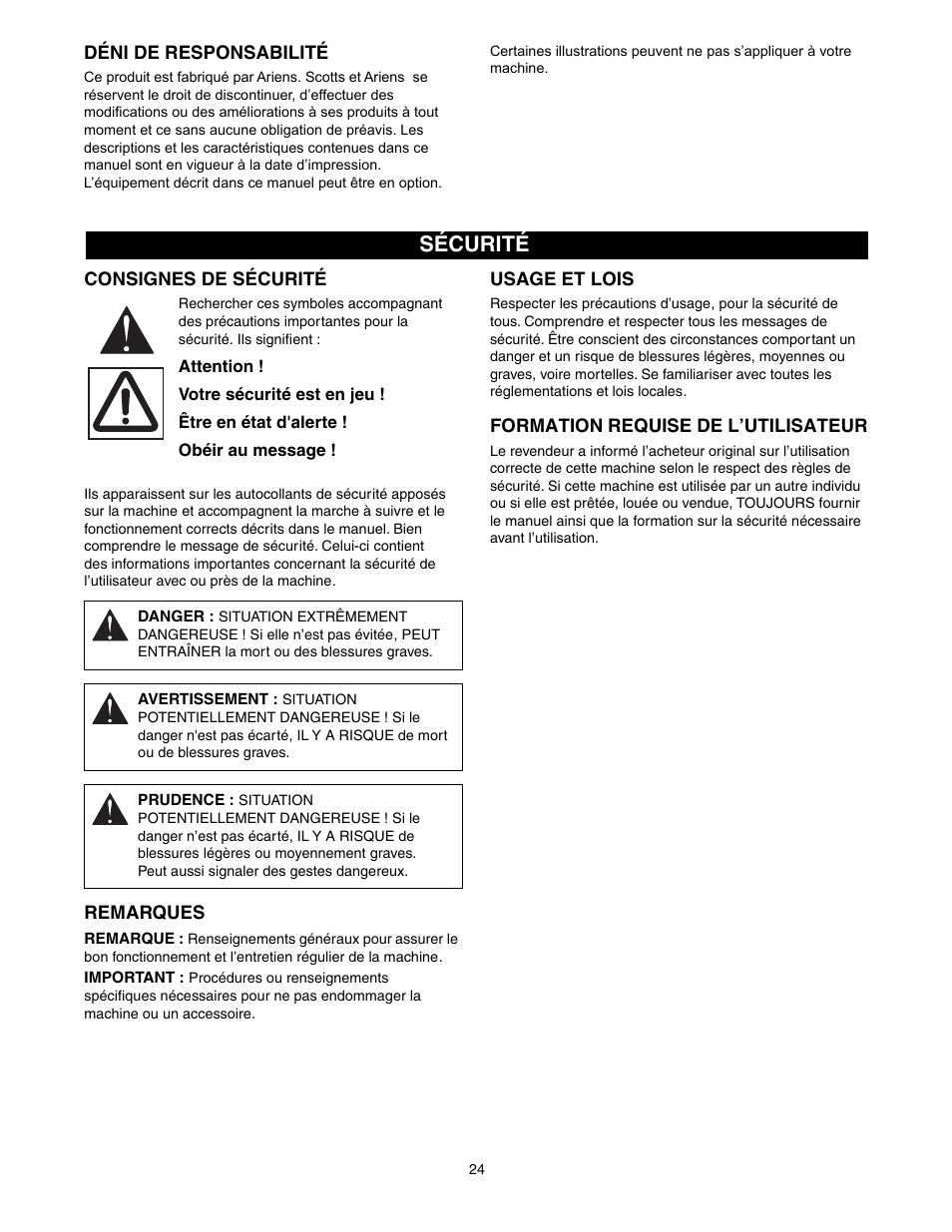 Sécurité | Scotts 907254 - LM21SW User Manual | Page 24 / 69