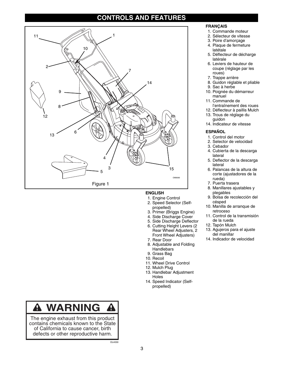 Warning, Controls and features | Scotts 907254 - LM21SW User Manual | Page 3 / 69