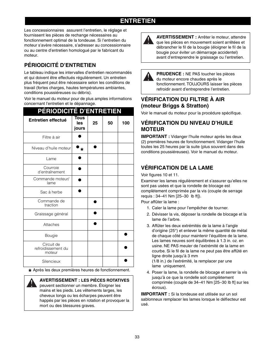 Périodicité d’entretien, Entretien | Scotts 907254 - LM21SW User Manual | Page 33 / 69