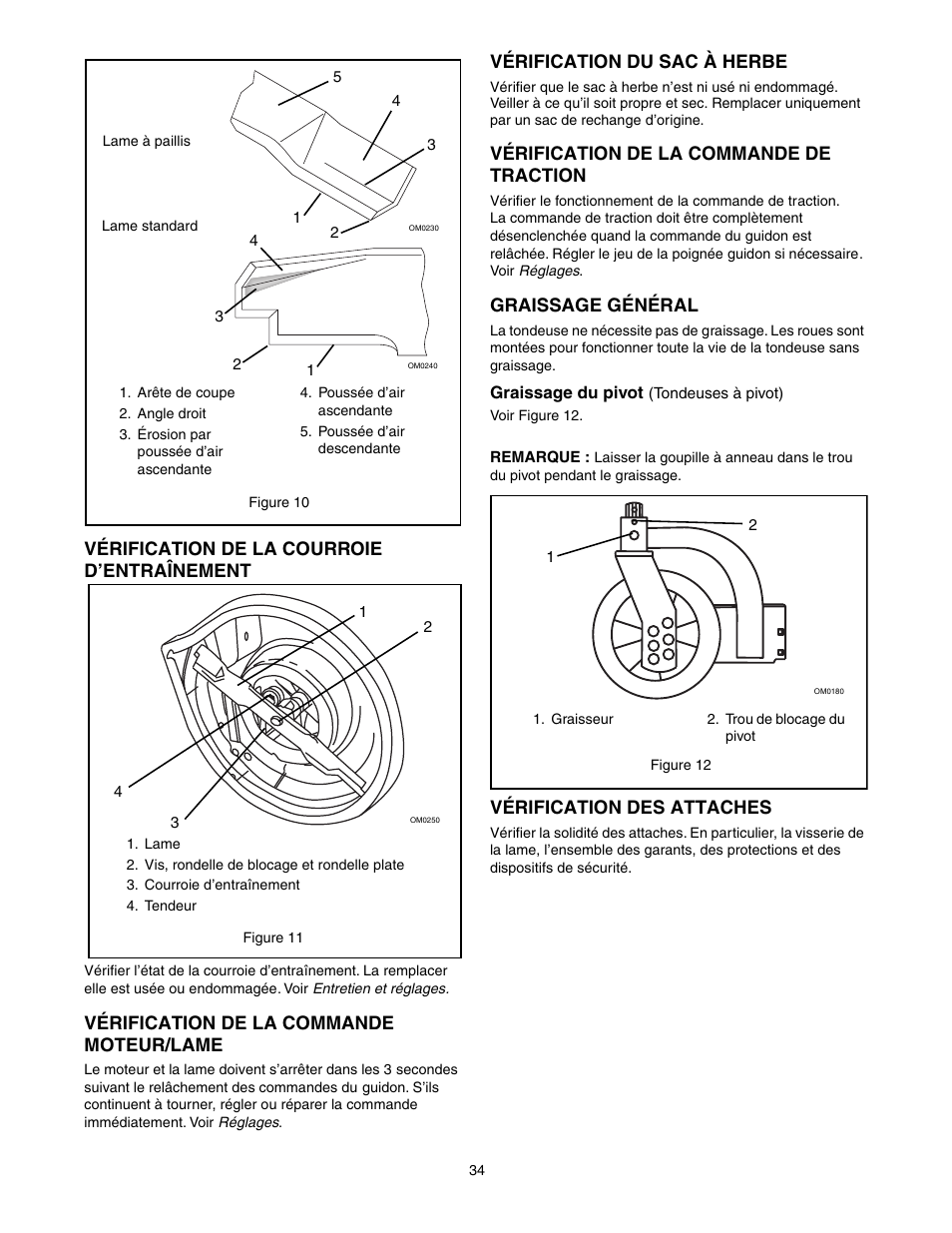 Vérification de la courroie d’entraînement, Vérification de la commande moteur/lame, Vérification du sac à herbe | Vérification de la commande de traction, Graissage général, Vérification des attaches | Scotts 907254 - LM21SW User Manual | Page 34 / 69