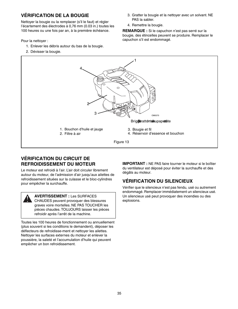 Vérification de la bougie, Vérification du silencieux | Scotts 907254 - LM21SW User Manual | Page 35 / 69