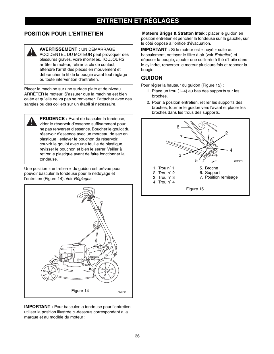 Entretien et réglages, Position pour l’entretien, Guidon | Scotts 907254 - LM21SW User Manual | Page 36 / 69
