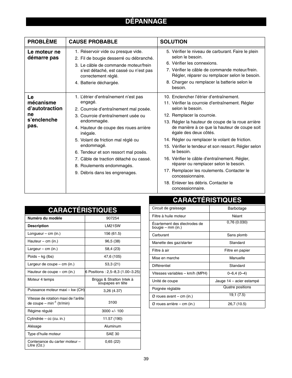 Caractéristiques, Caractéristiques dépannage, Le mécanisme d’autotraction ne s’enclenche pas | Scotts 907254 - LM21SW User Manual | Page 39 / 69