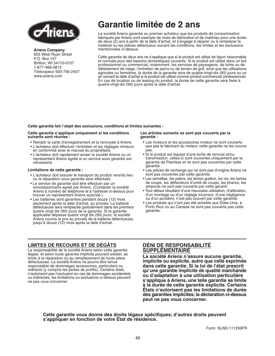Garantie limitée de 2 ans, Déni de responsabilité supplémentaire | Scotts 907254 - LM21SW User Manual | Page 40 / 69