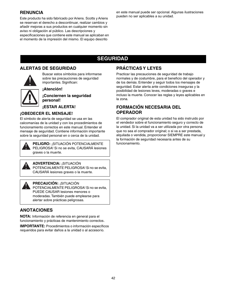 Seguridad | Scotts 907254 - LM21SW User Manual | Page 42 / 69