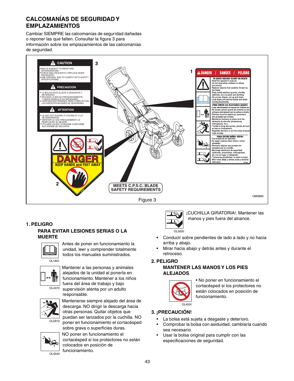 Calcomanías de seguridad y emplazamientos | Scotts 907254 - LM21SW User Manual | Page 43 / 69