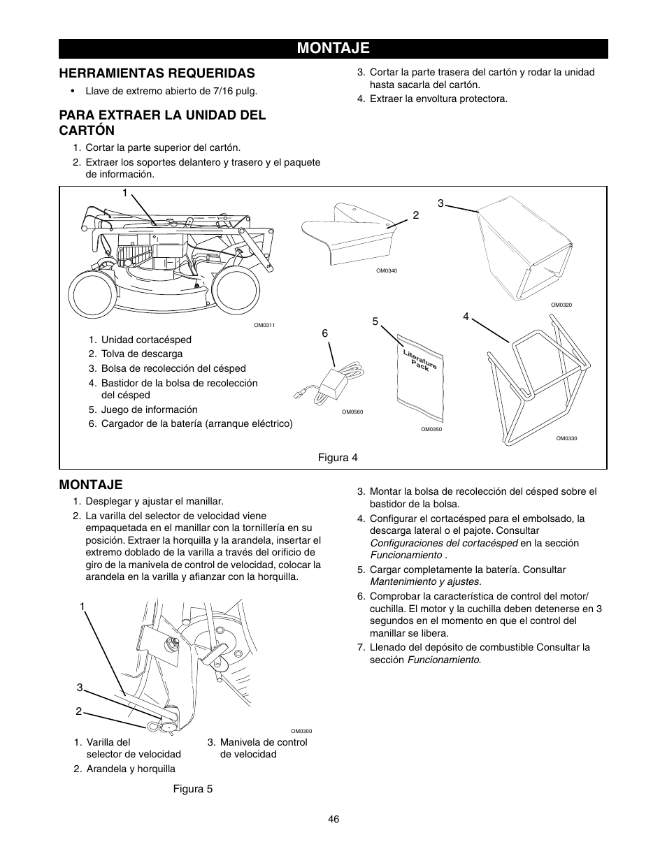 Herramientas requeridas, Para extraer la unidad del cartón, Montaje | Scotts 907254 - LM21SW User Manual | Page 46 / 69