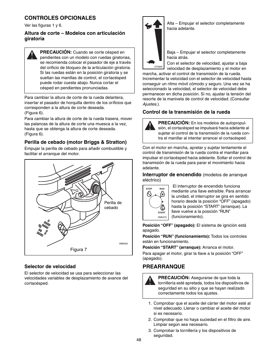 Controles opcionales, Prearranque | Scotts 907254 - LM21SW User Manual | Page 48 / 69