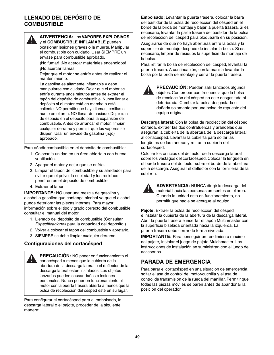Llenado del depósito de combustible, Parada de emergencia | Scotts 907254 - LM21SW User Manual | Page 49 / 69