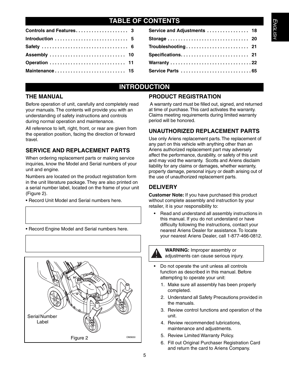 Introduction table of contents | Scotts 907254 - LM21SW User Manual | Page 5 / 69
