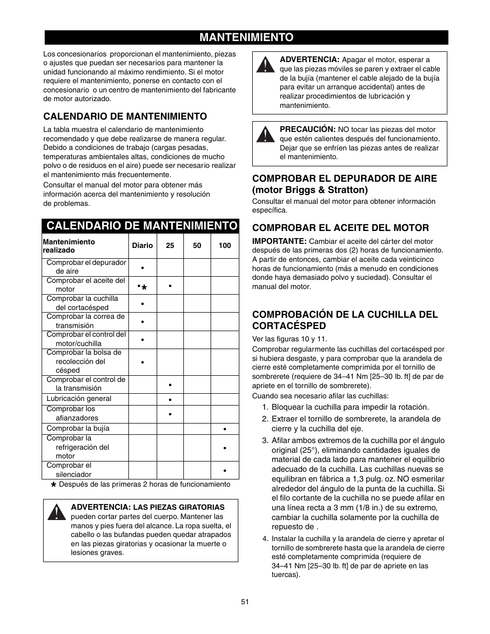 Calendario de mantenimiento, Mantenimiento | Scotts 907254 - LM21SW User Manual | Page 51 / 69