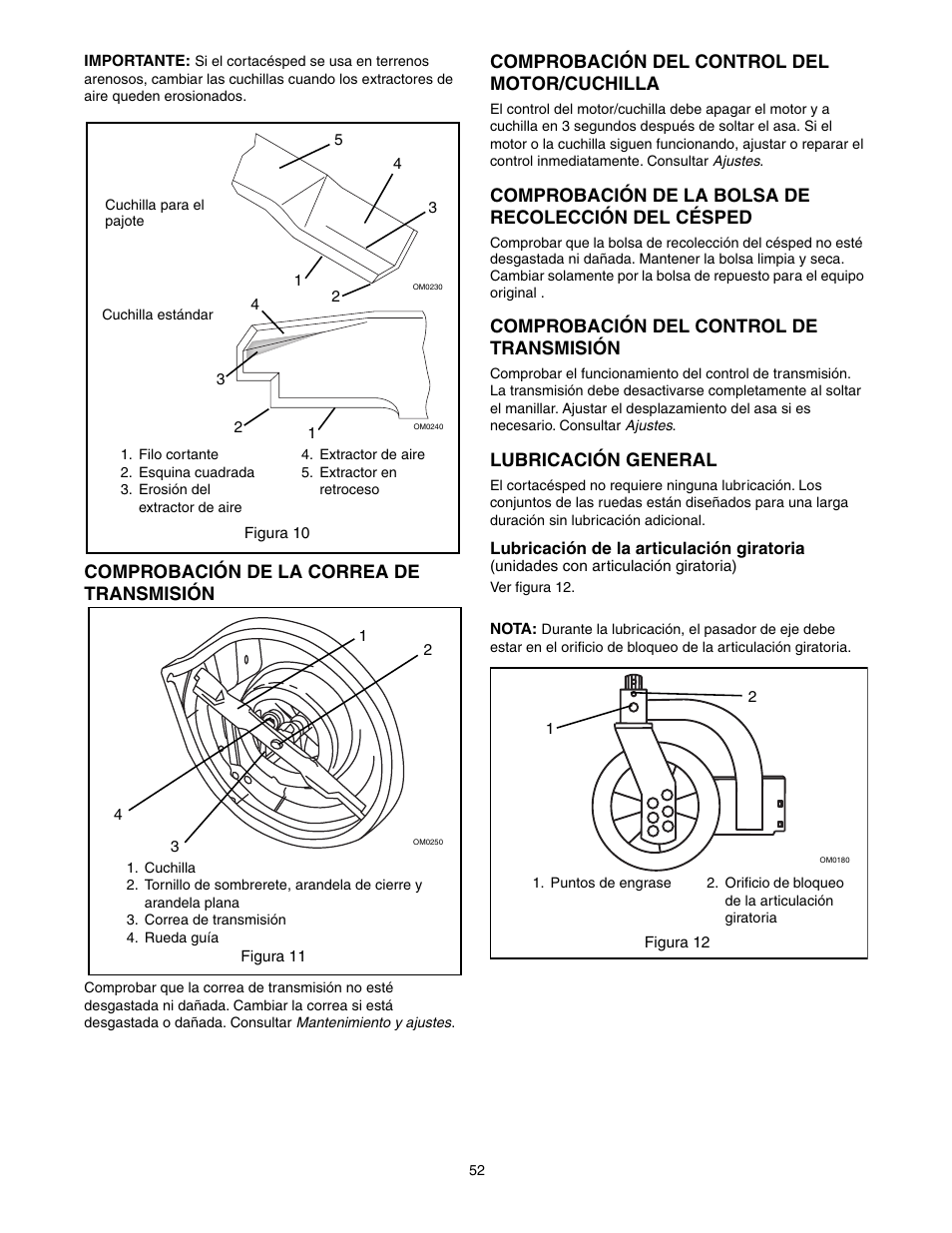 Comprobación de la correa de transmisión, Comprobación del control del motor/cuchilla, Comprobación de la bolsa de recolección del césped | Comprobación del control de transmisión, Lubricación general | Scotts 907254 - LM21SW User Manual | Page 52 / 69