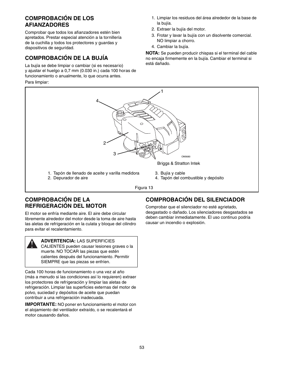 Comprobación de los afianzadores, Comprobación de la bujía, Comprobación de la refrigeración del motor | Comprobación del silenciador | Scotts 907254 - LM21SW User Manual | Page 53 / 69