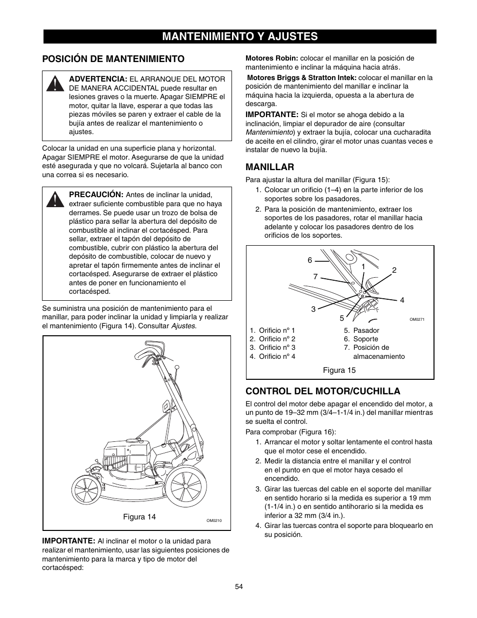 Mantenimiento y ajustes, Posición de mantenimiento, Manillar | Control del motor/cuchilla | Scotts 907254 - LM21SW User Manual | Page 54 / 69